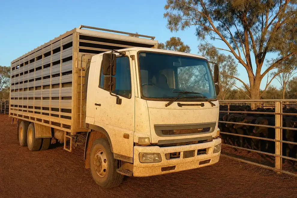 Stock crate truck loading cattle at an Australian station yard, covered by livestock transport insurance
