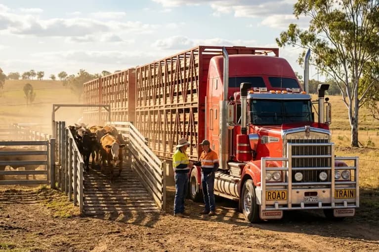 Livestock transport truck loading cattle on an Australian cattle station