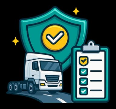 Back on the road icon showing a transport truck on a road with an insurance shield and claims checklist for operational recovery support.