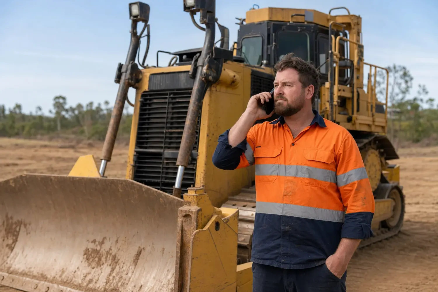 Operator on the phone to their insurance broker beside a crawler bulldozer on an Australian land-clearing site