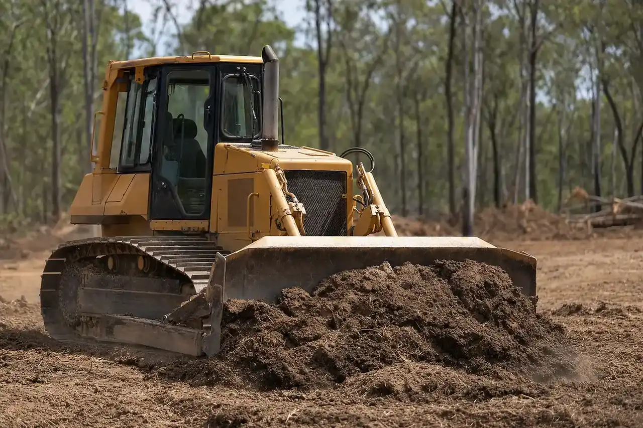 Crawler bulldozer pushing soil on an Australian land-clearing site