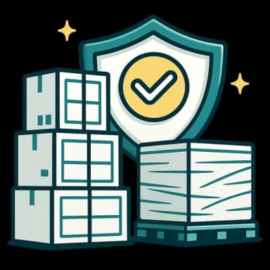 Illustration of stacked cargo crates and a freight pallet with an insurance shield representing goods and liability cover