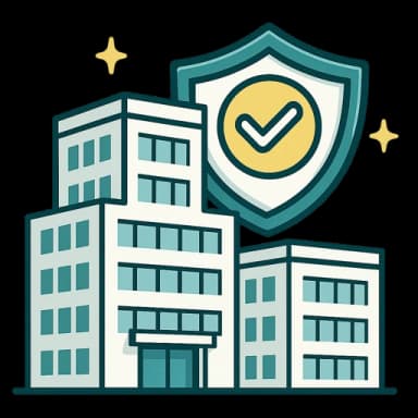 Illustration of a professional handshake in front of an office building with an insurance shield representing specialist marine and transport insurers