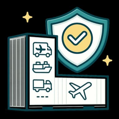 Illustration of a truck, cargo ship and aeroplane with an insurance shield representing road, rail, sea and air freight cover