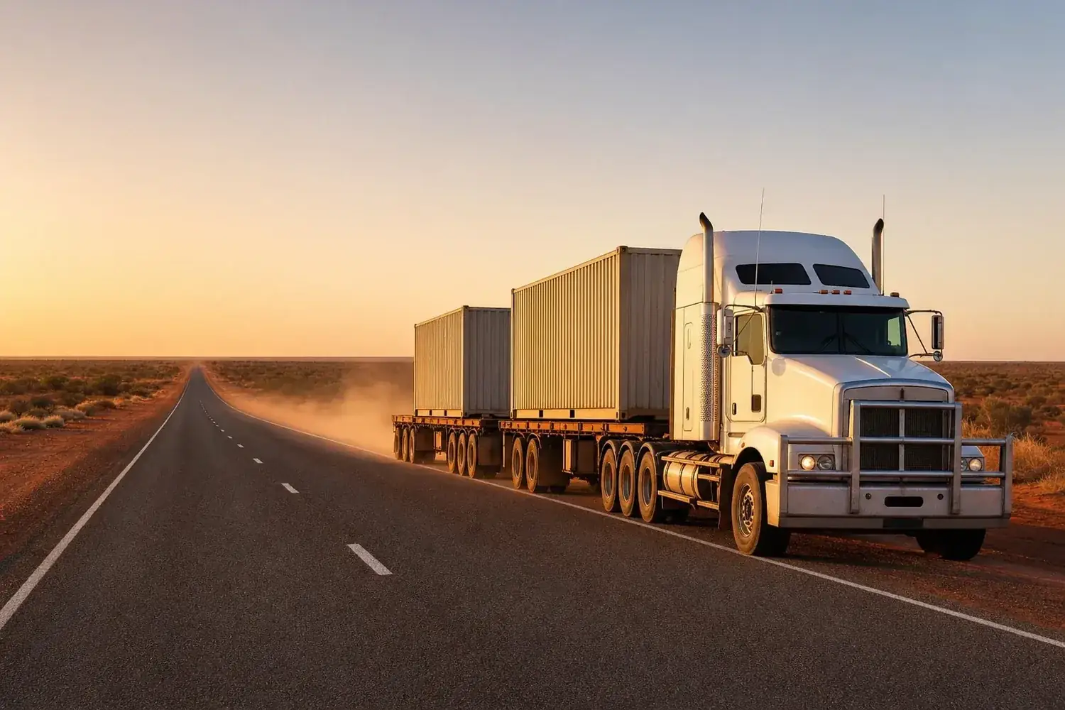 Australian road train hauling stacked shipping containers along an outback highway at golden hour