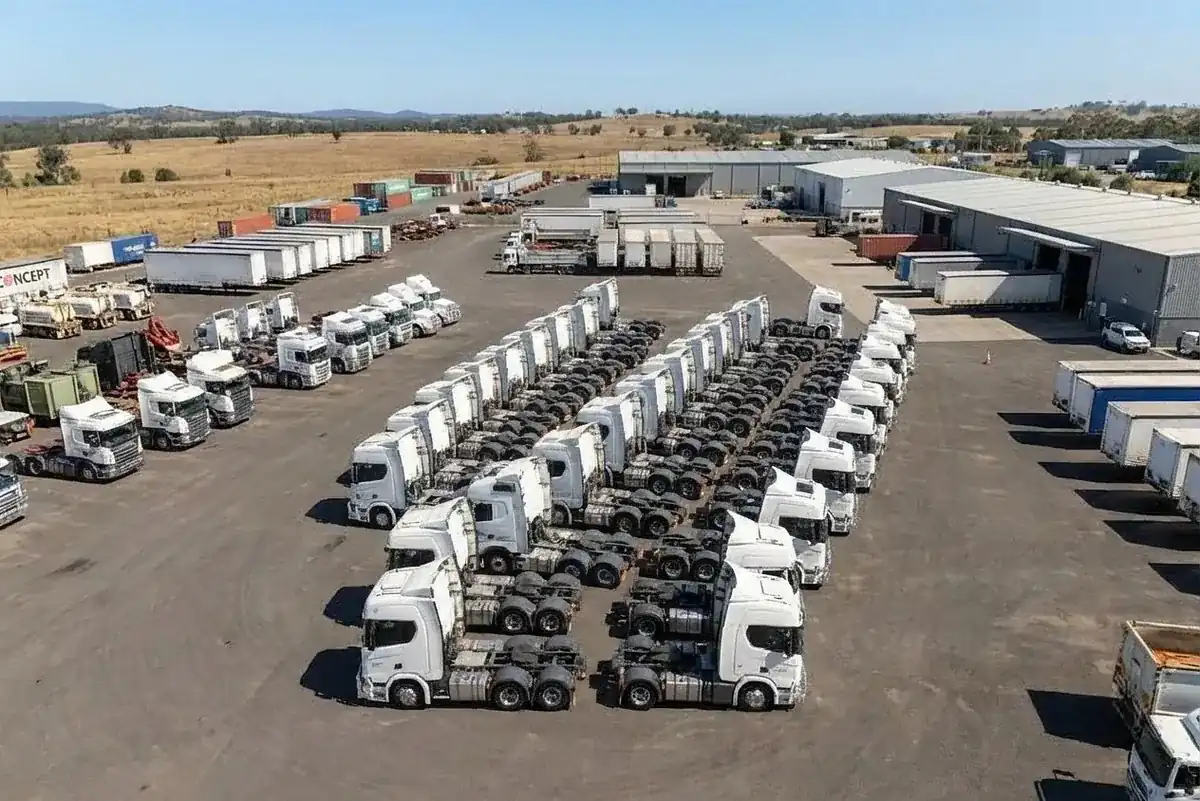 Earthmoving plant and trucks at an Australian depot, covered under a civil contractor policy