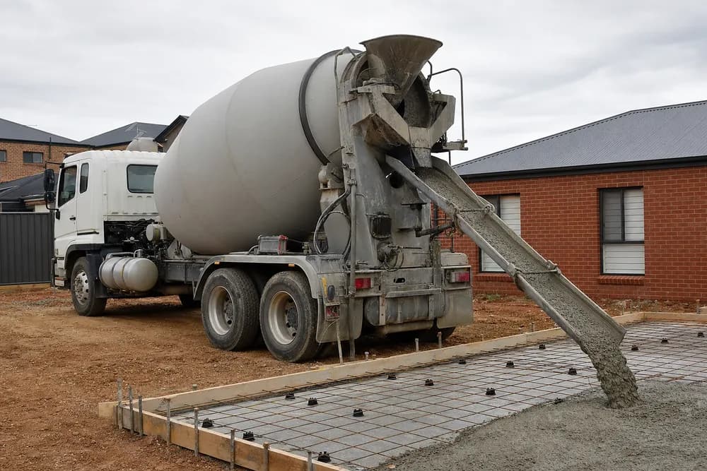 Concrete agitator truck with the chute swung out over slab formwork on an Australian residential building site