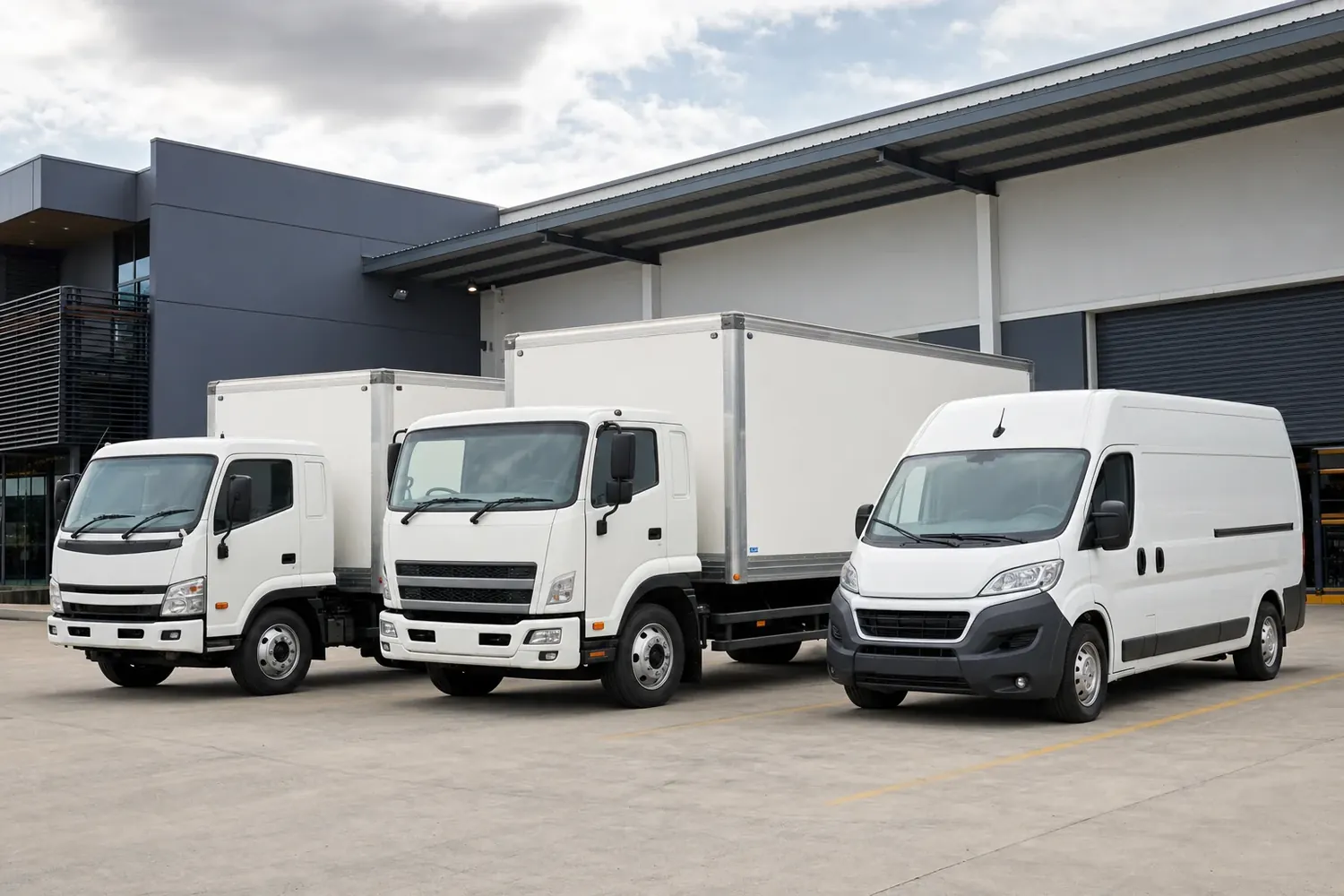 Courier and logistics fleet of delivery vehicles parked at an Australian distribution depot