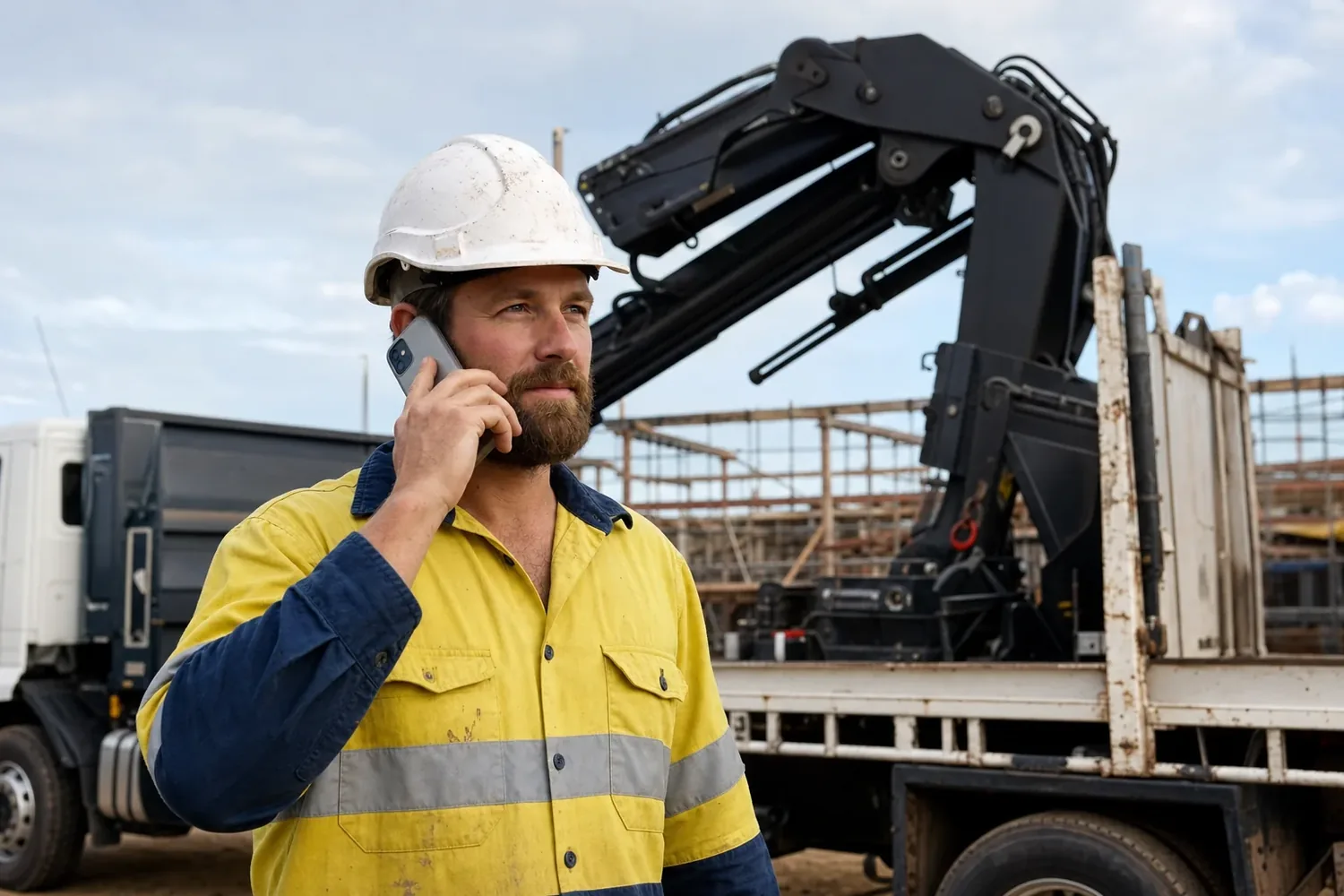 Operator on the phone to their insurance broker beside a truck-mounted crane on an Australian job site
