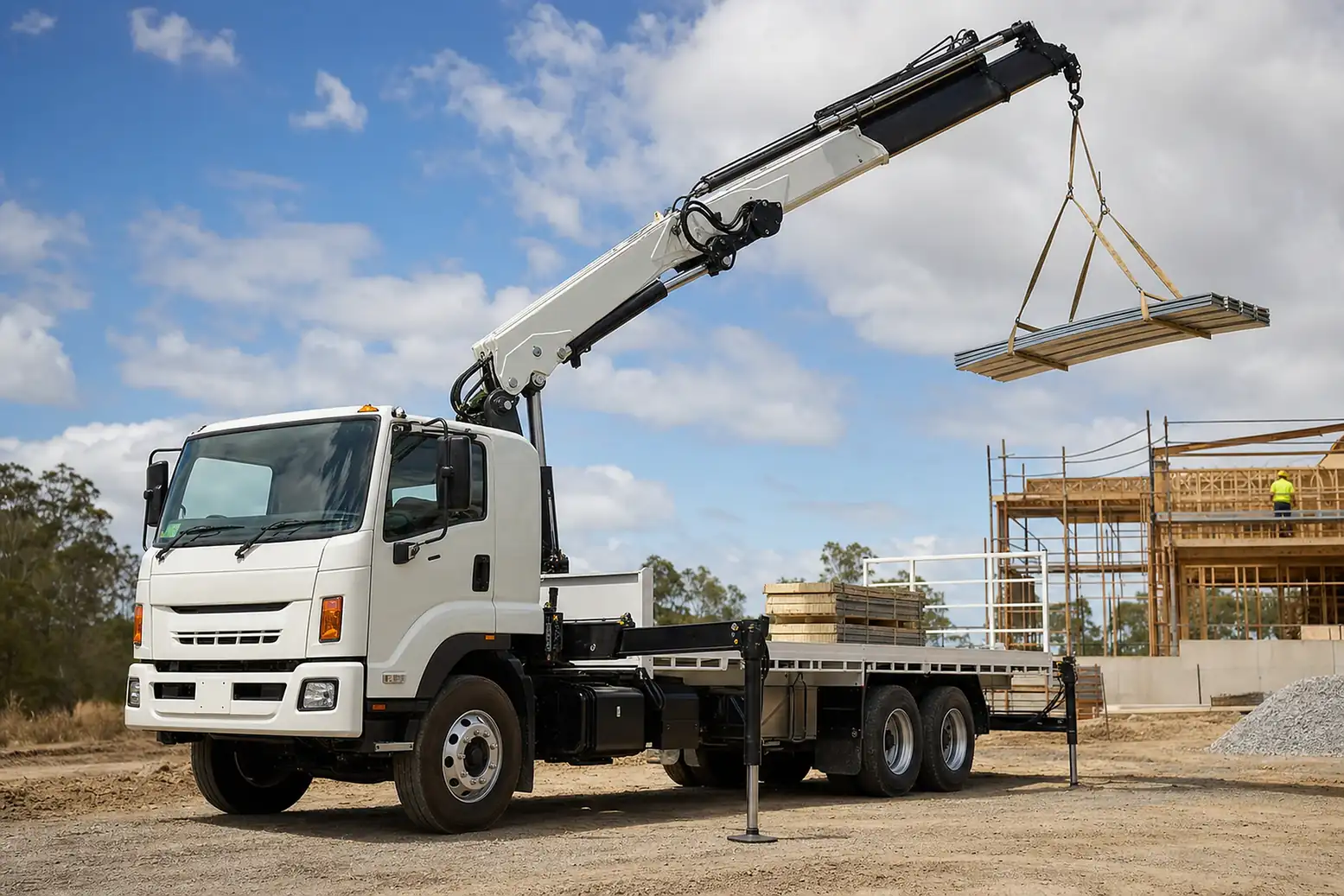 Australian truck-mounted crane lifting materials on a job site