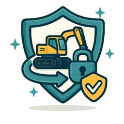 Skid steer loader behind a padlock and shield representing theft cover while plant is on hire