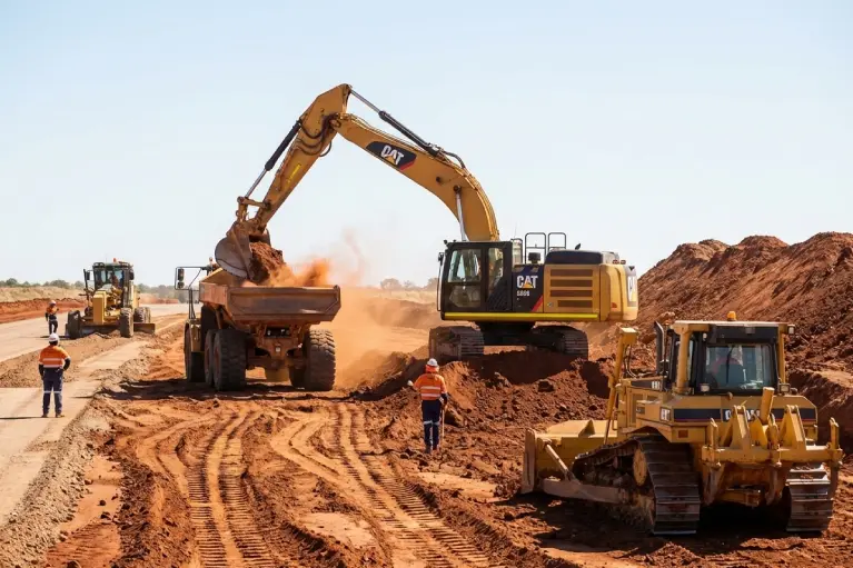 Excavator and dump truck working on an Australian civil construction site performing earthmoving operations