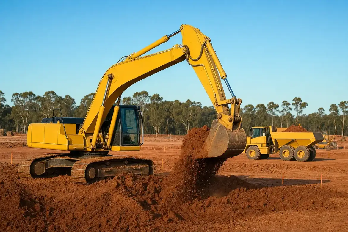 Excavator digging on an active Australian civil construction earthmoving site with a dump truck nearby