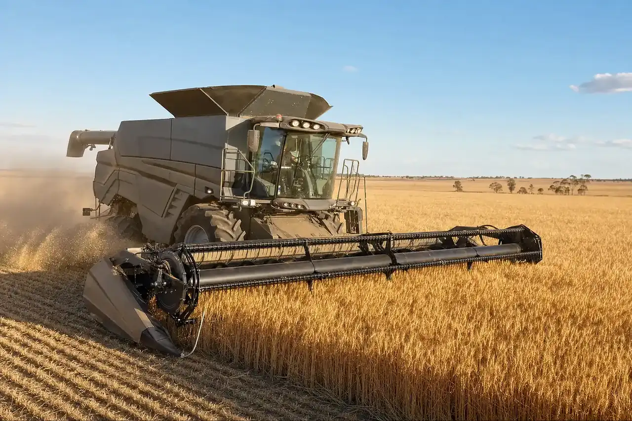 Agricultural harvester working in an Australian wheat paddock at harvest