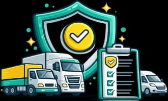 Fleet insurance icon showing multiple trucks with shield protection representing motor cover for transport fleets and multi vehicle operators in Australia.