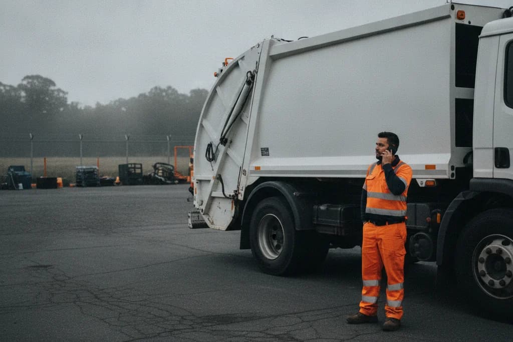 Waste operator on the phone to their insurance broker beside a garbage truck at an Australian council depot