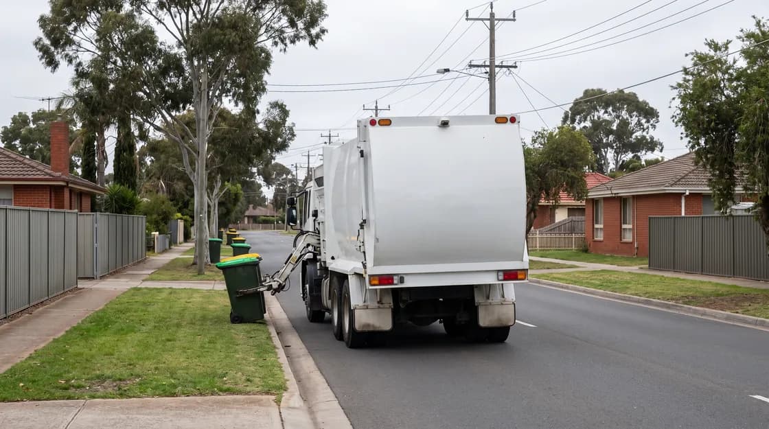 Australian side loader garbage truck lifting a wheelie bin on a suburban collection round