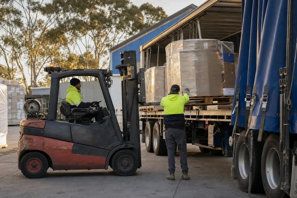 Palletised general freight being loaded into a curtainsider trailer at an Australian depot