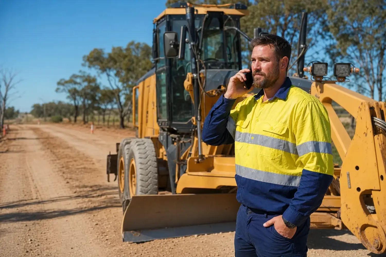 Operator on the phone to their insurance broker beside a motor grader on an Australian roadworks site