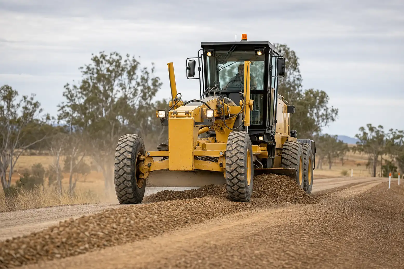 Motor grader levelling a gravel road on an Australian rural roadworks site