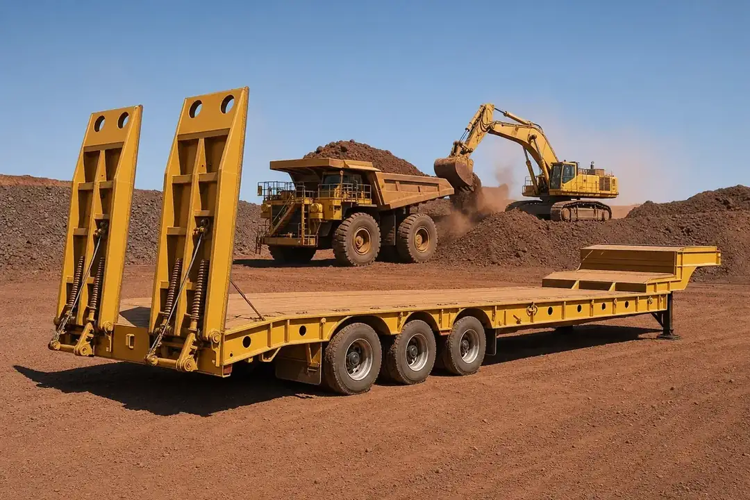 Heavy haulage drop-deck float trailer parked in an Australian mining yard with a haul truck and excavator working behind it