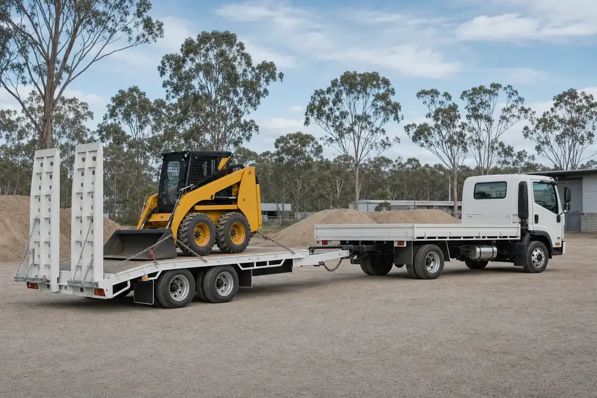 Mid-sized Hino truck towing a flat-top beaver-tail plant trailer loaded with a yellow skid-steer loader at an Australian transport yard