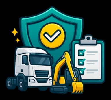 Industry understanding icon showing a transport truck and excavator with an insurance shield and checklist for transport and heavy equipment cover.