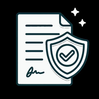 Illustration of a signed contract document with a pen and an insurance shield representing contractual and principal liability cover