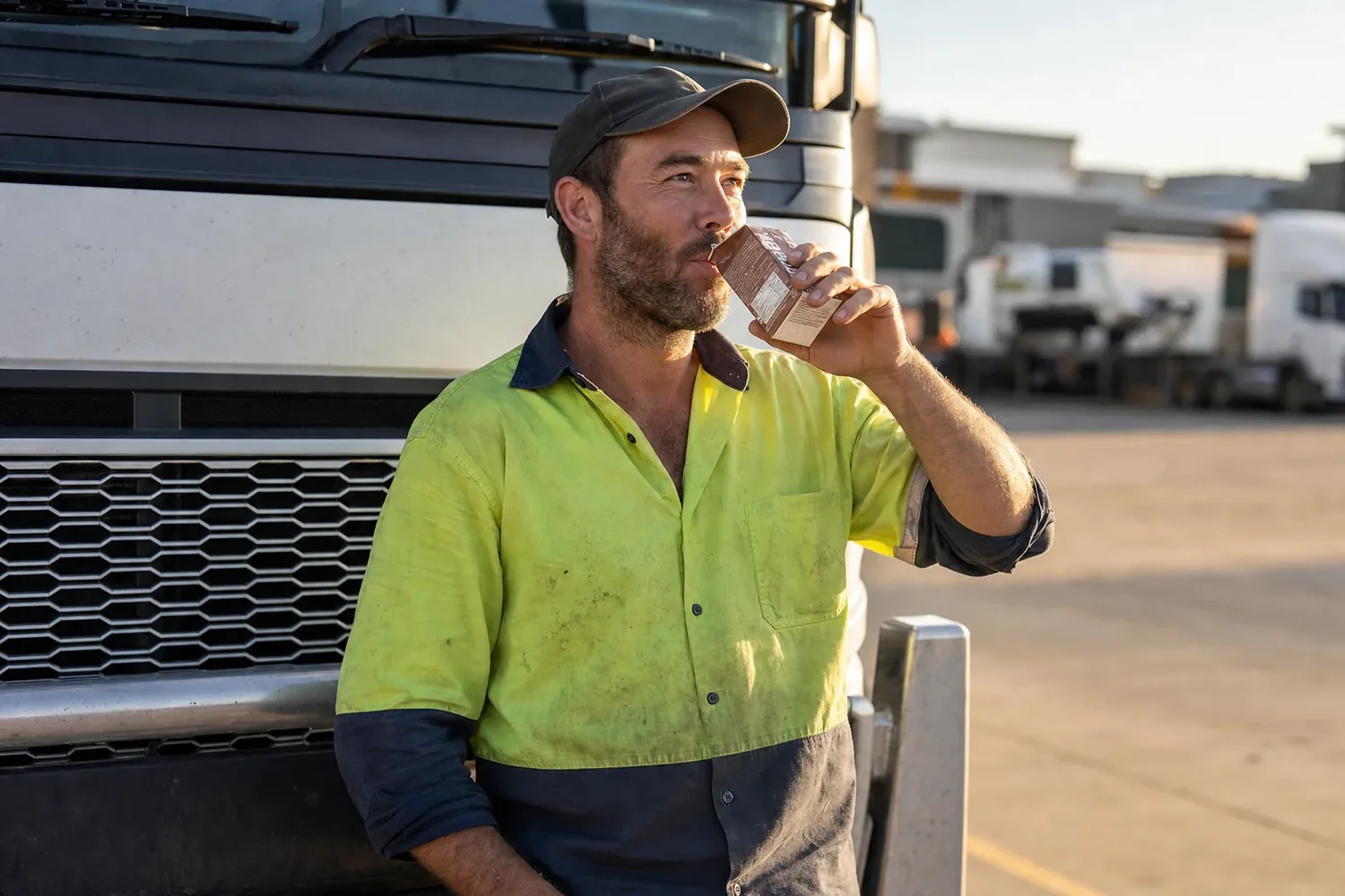 Australian truck driver with a beard taking a break with a chocolate milk beside his truck