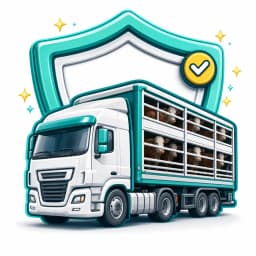 Livestock crate on a truck with a shield representing death in transit cover