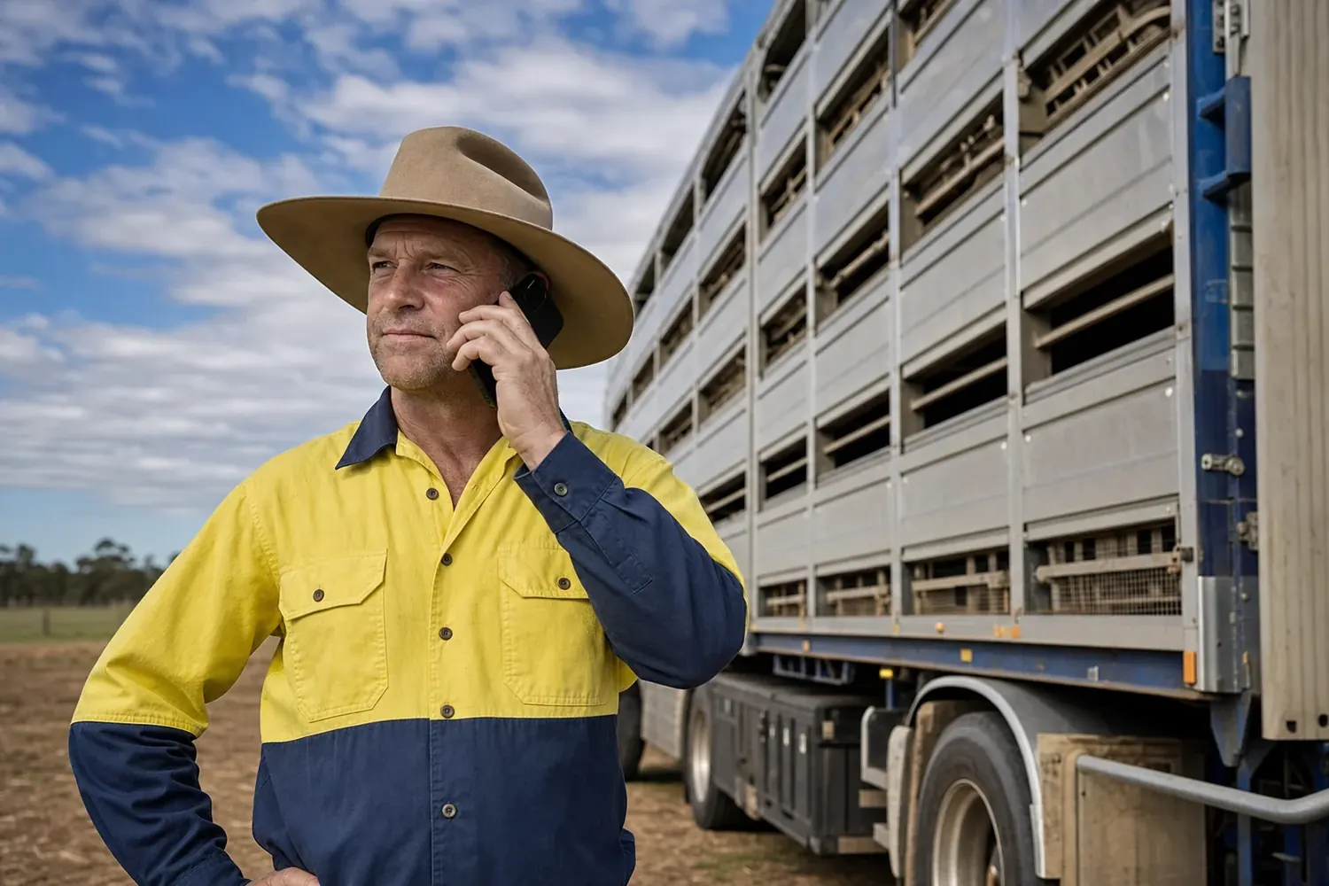 Stock carrier on the phone to their insurance broker beside a multi-deck livestock truck on an Australian property