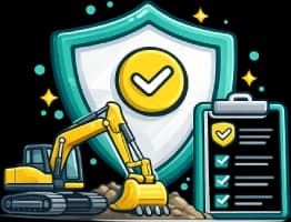 Plant and equipment insurance icon showing an excavator with shield protection representing cover for excavators, loaders, graders and mobile plant in Australia.