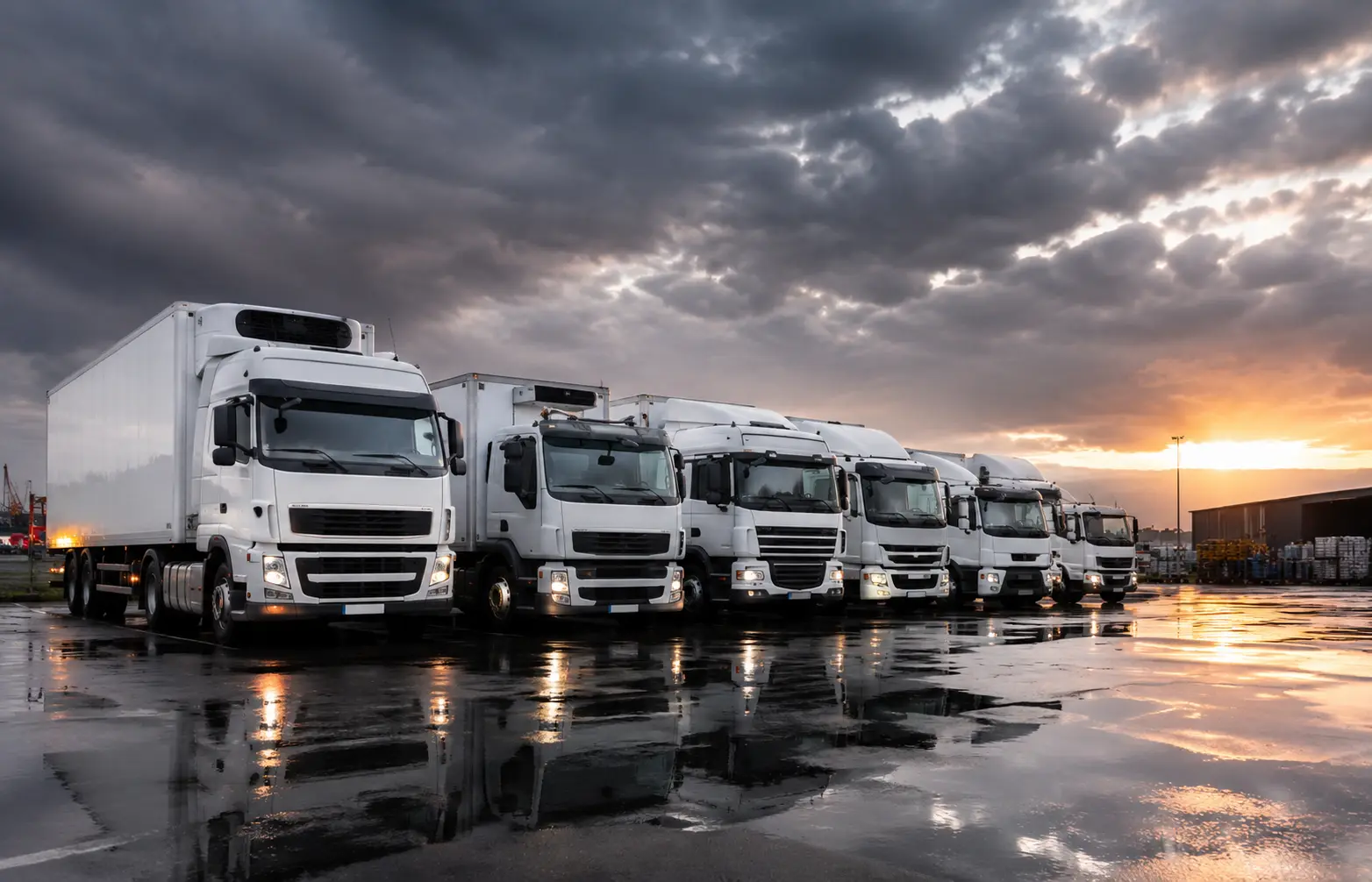 Fleet of commercial trucks parked at an Australian transport depot at sunset