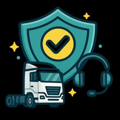 Ongoing transport insurance support illustration featuring a freight truck, support headset, risk review checklist and long-term business support icons.