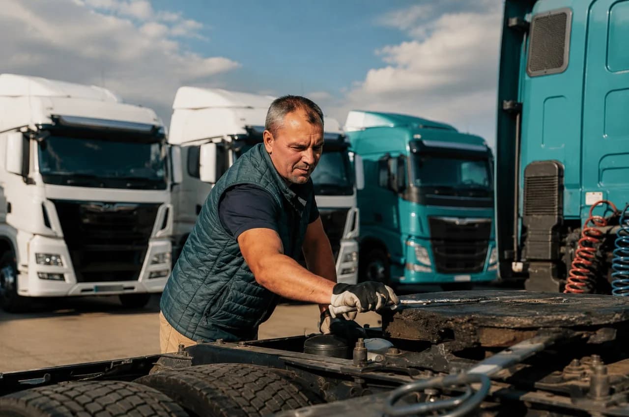 Owner operator carrying out maintenance on his prime mover with his fleet of trucks parked behind at an Australian depot