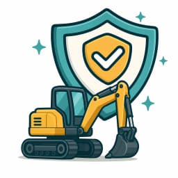 Excavator under a shield representing accidental damage, fire and theft cover