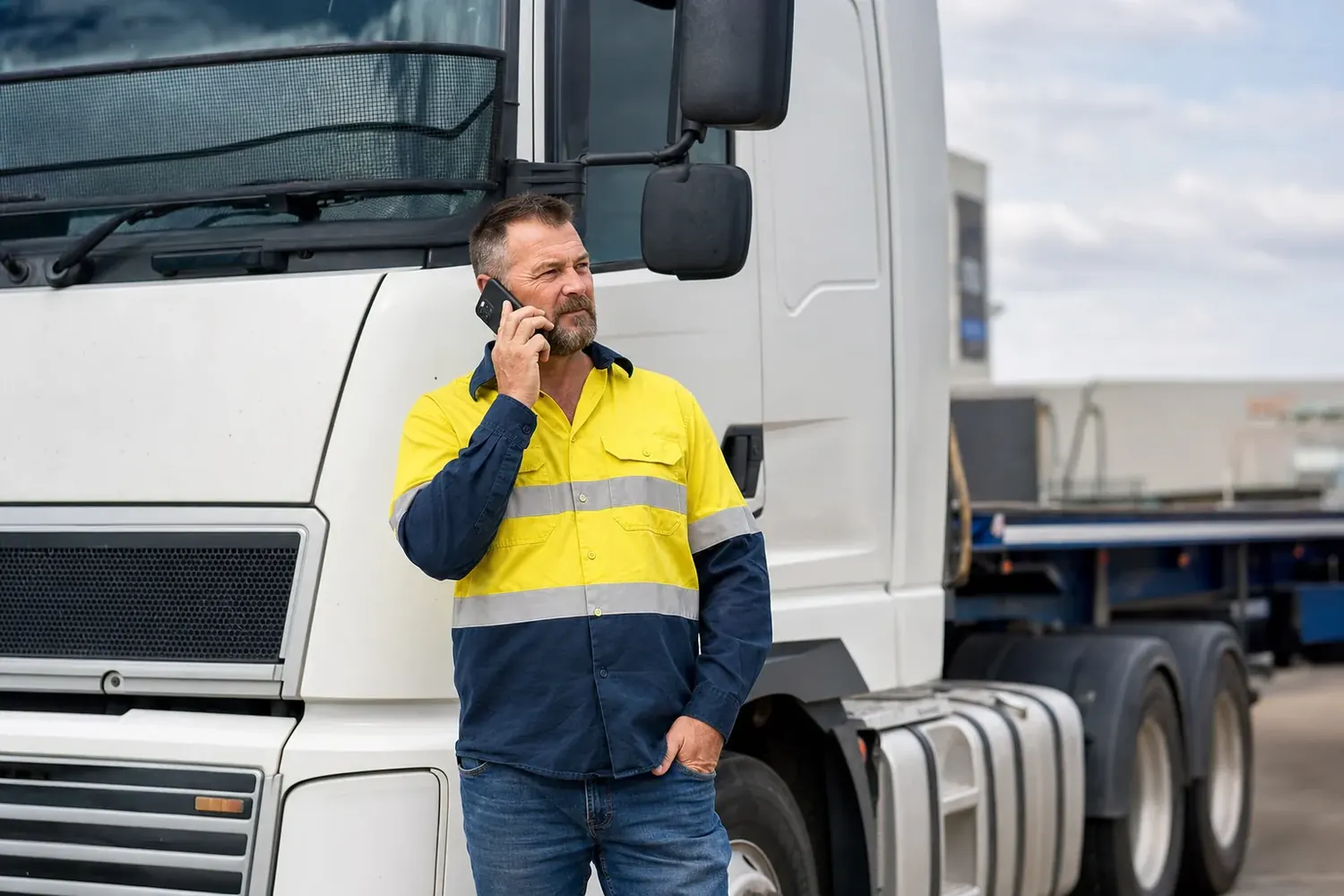 Truck driver on the phone to their insurance broker beside a prime mover at an Australian transport depot