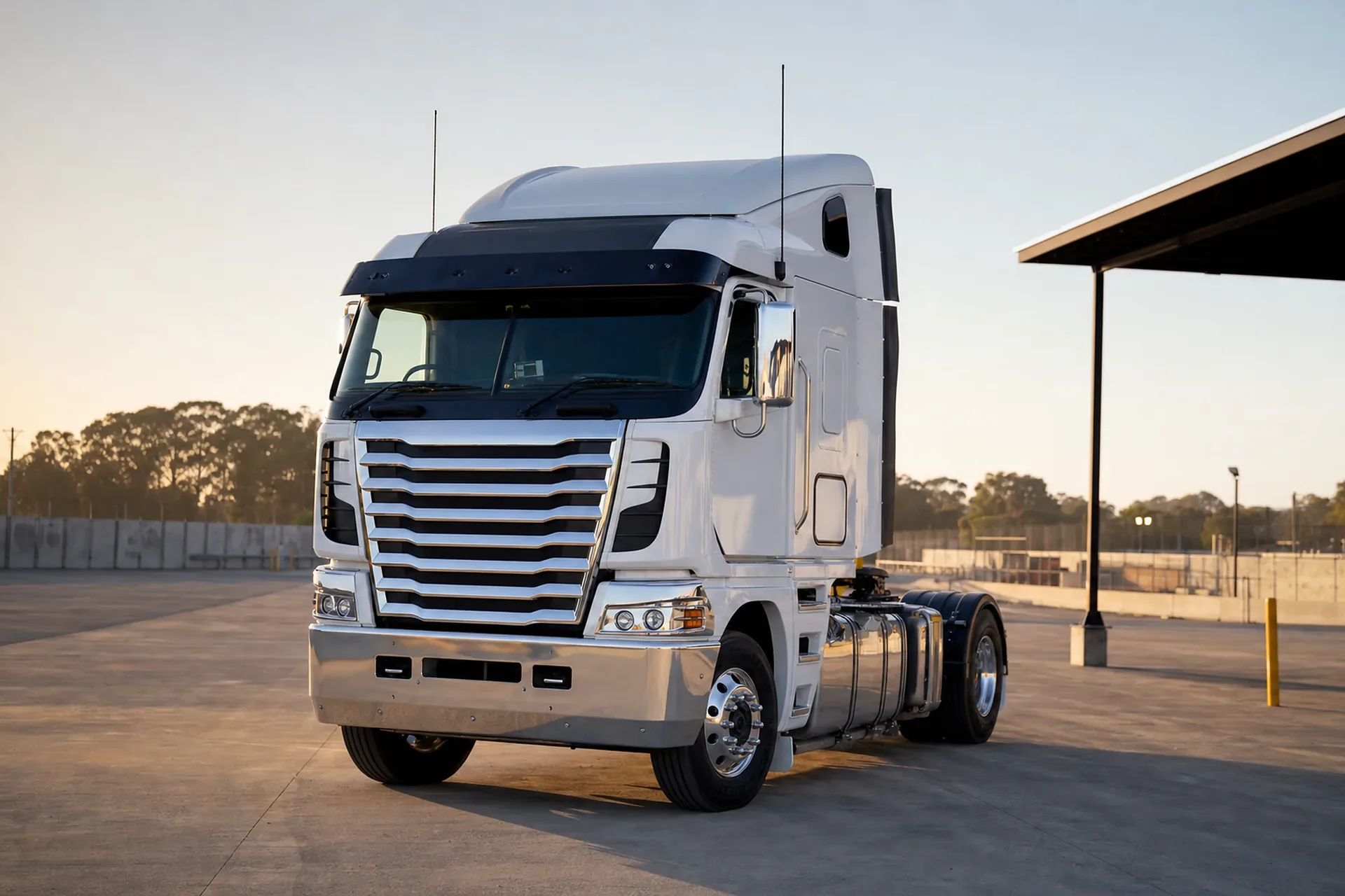 Australian prime mover semi truck parked at a transport depot