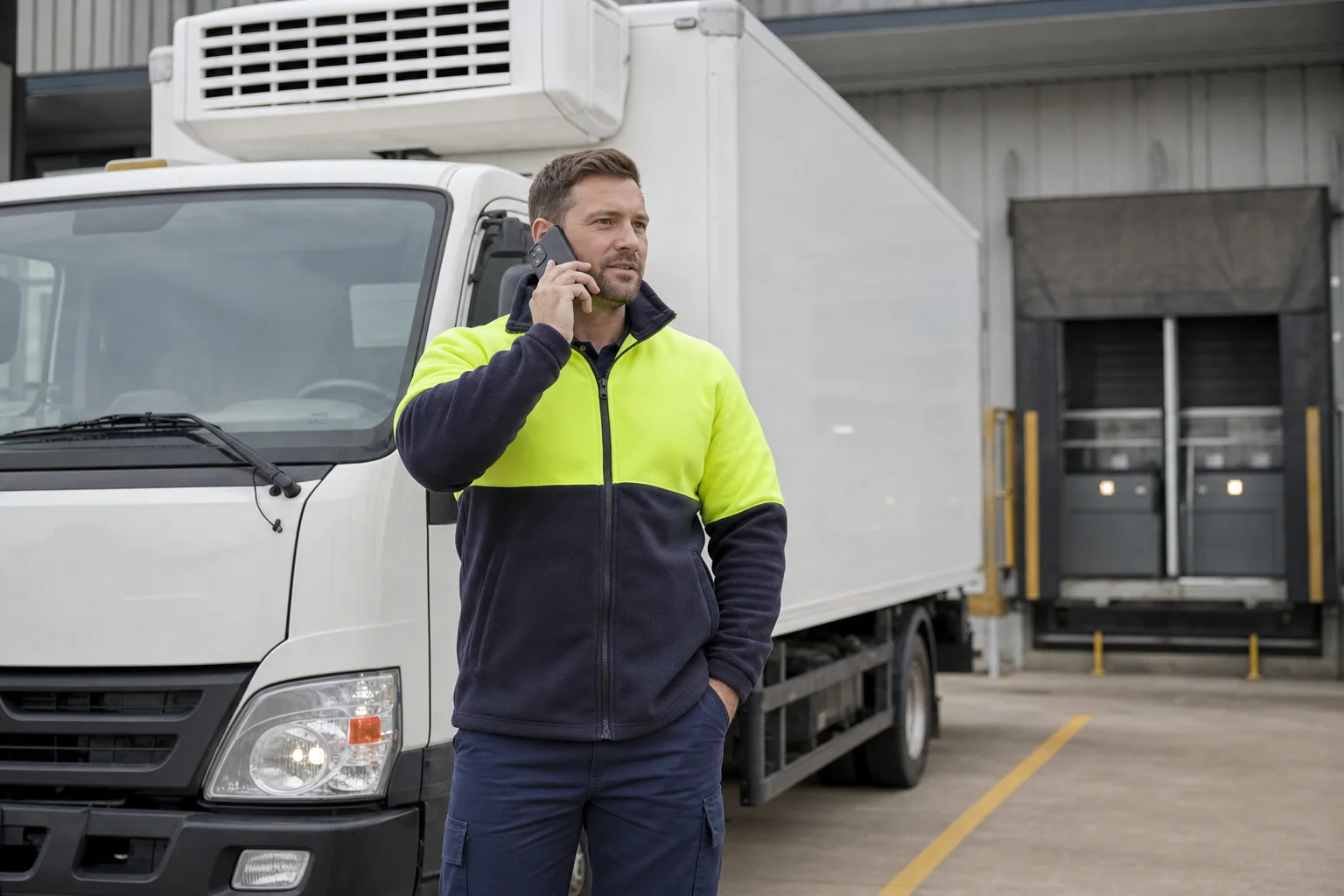 Driver on the phone to their insurance broker beside a refrigerated reefer truck at an Australian cold storage dock