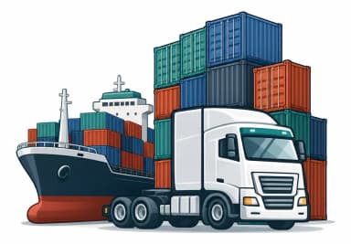 Containers, ship and truck representing freight forwarders