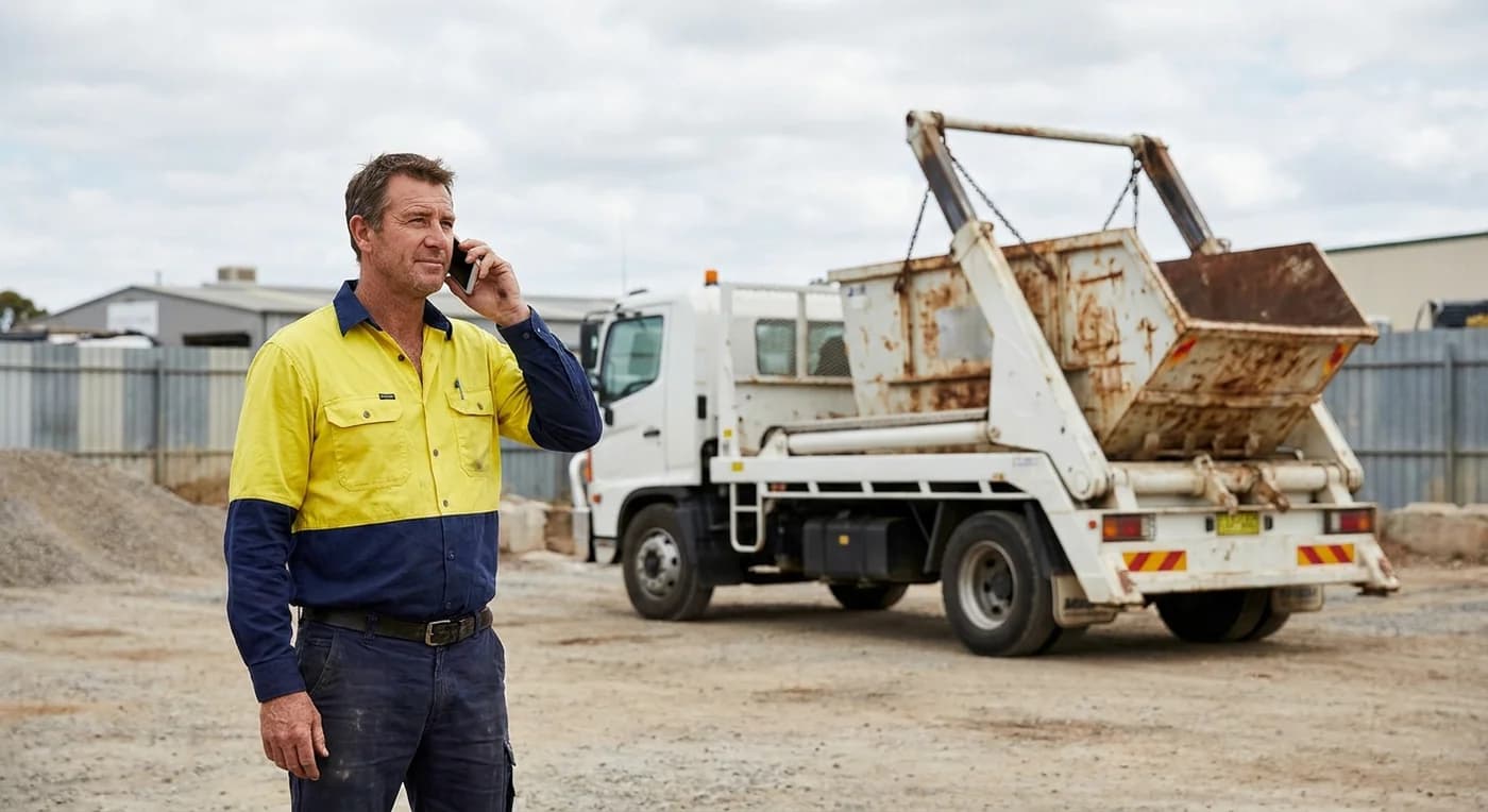 Operator on the phone to their insurance broker beside a skip bin truck at an Australian waste transfer yard