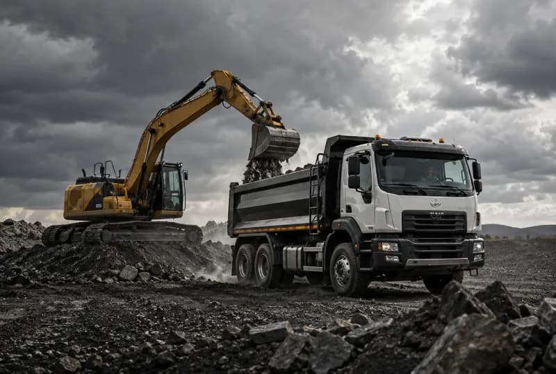 Excavator loading a truck representing heavy equipment and transport insurance consultation
