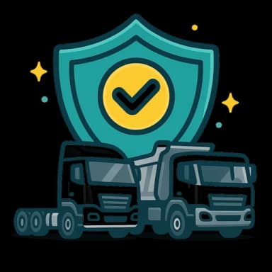 Specialist transport insurance illustration featuring freight trucks, heavy equipment, logistics operations and tailored business insurance support.