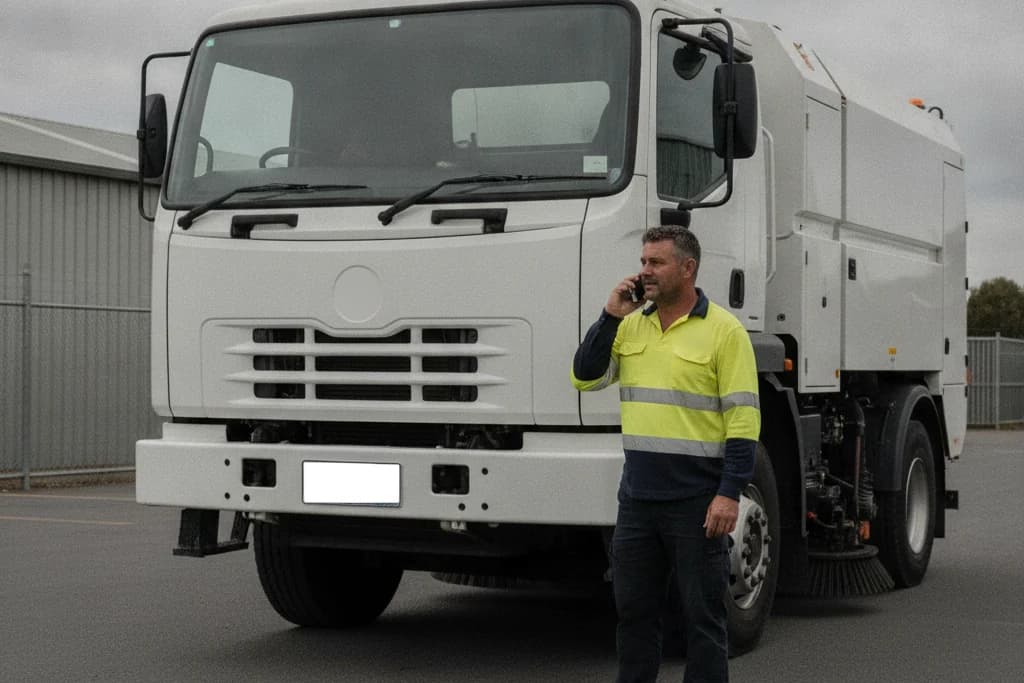 Sweeper operator on the phone to their insurance broker beside a road sweeper at an Australian council depot