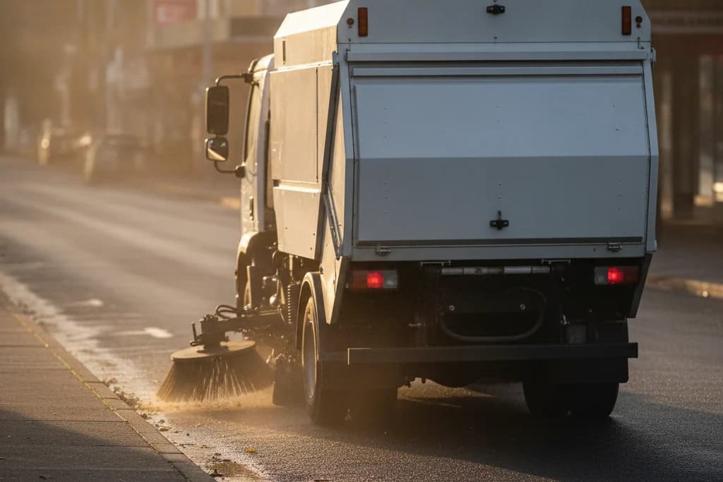 Australian truck mounted street sweeper working along a city kerb with its gutter brooms down