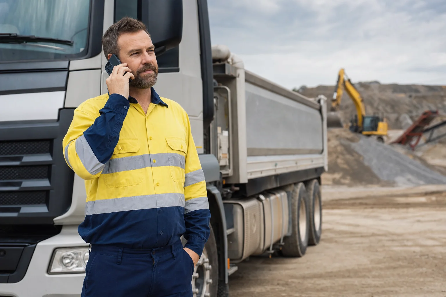 Operator on the phone to their insurance broker beside a tipper truck on an Australian construction site