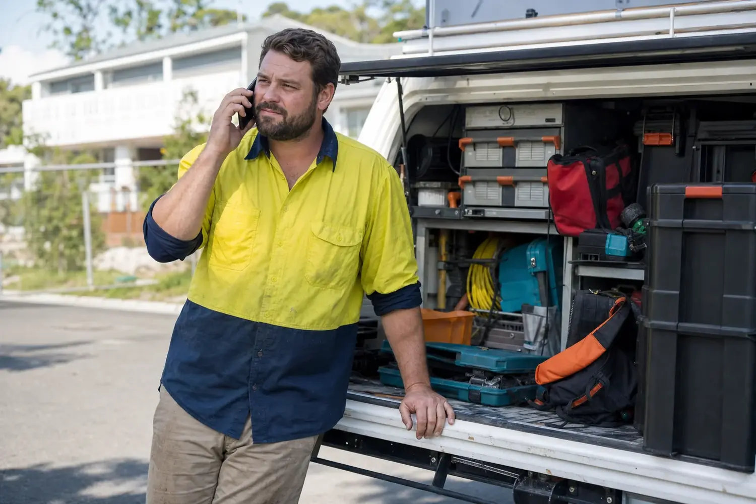 Tradesperson on the phone to their insurance broker beside a ute loaded with trade tools in Australia