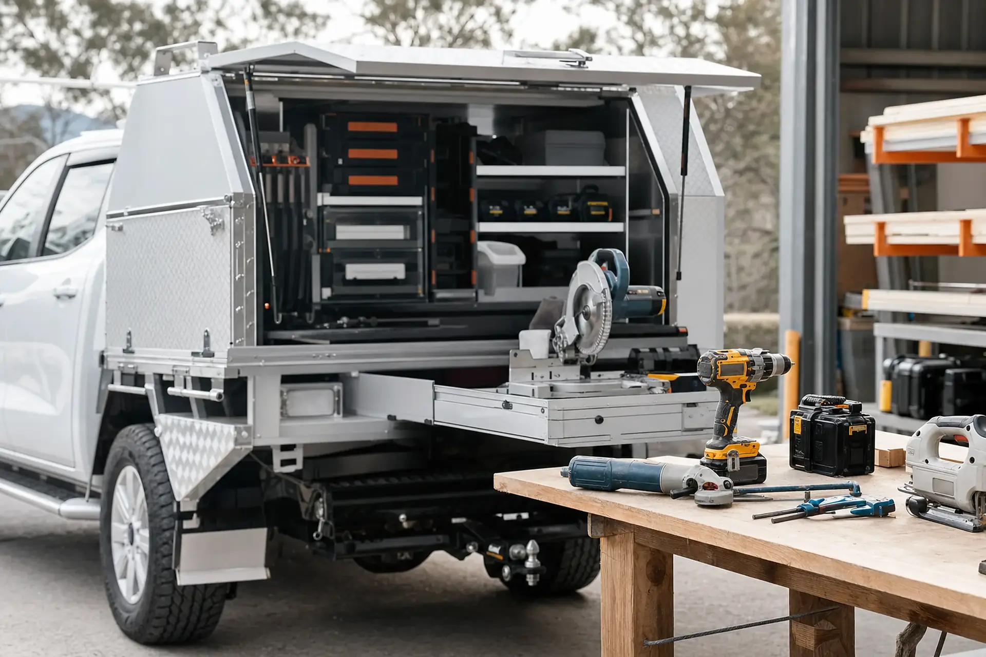 Professional trade tools and equipment on an Australian ute tray and workshop bench