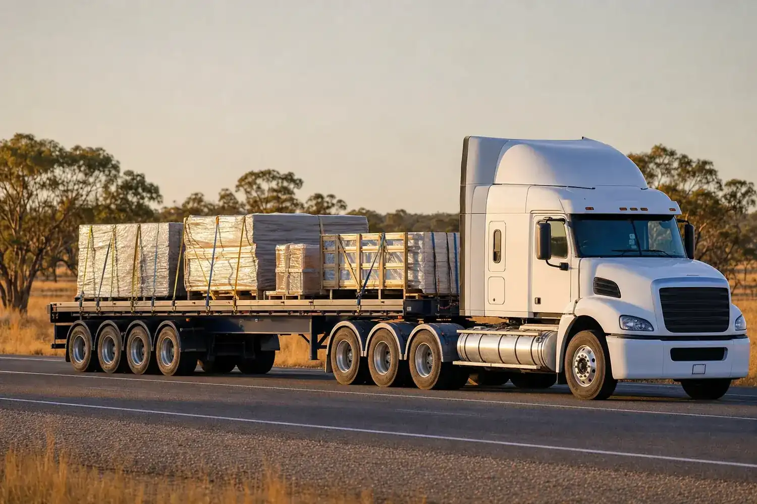 Loaded flat-top semi-trailer coupled to a prime mover on an Australian highway