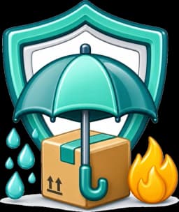Parcel sheltered from rain and flame under a shield representing fire flood and weather cover